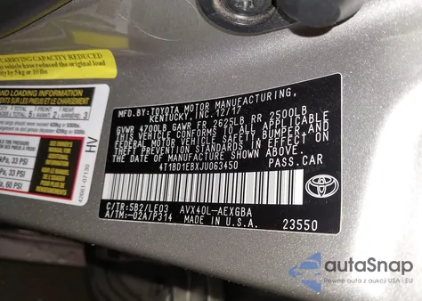 2018 Toyota Avalon Hybrid Xle Premium from USA, damaged, VIN 4T1BD1EBXJU063450